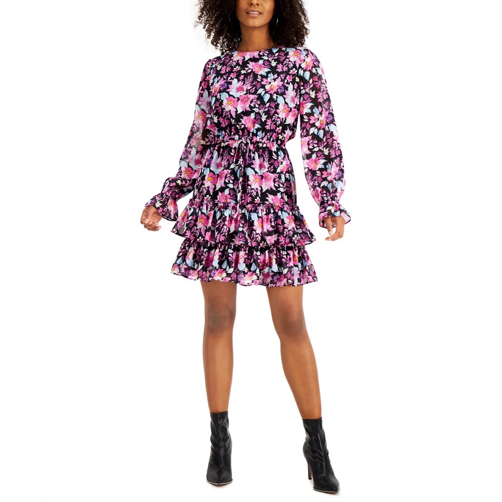 Bar III Floral-Print Ruffled-Hem Dress